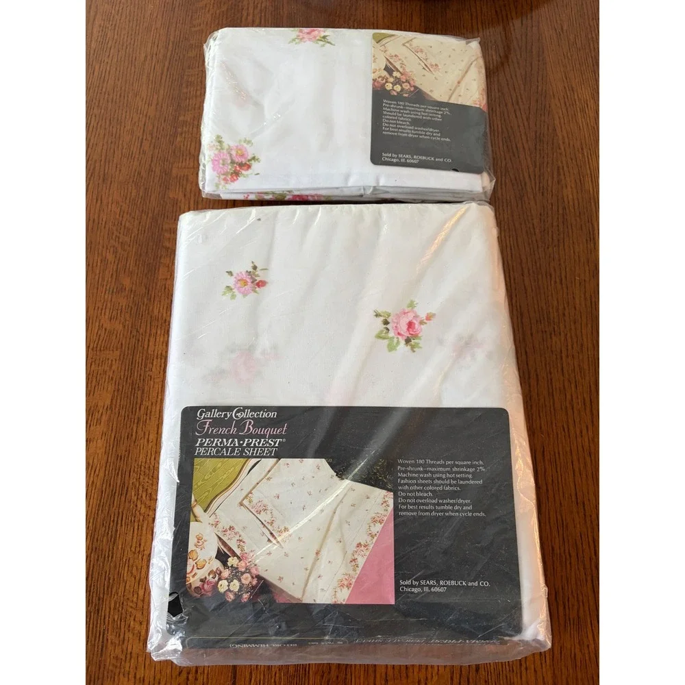 Vtg Sears Gallery Collection French Bouquet‎ Full Size Flat Sheet 2 Pillow Cases